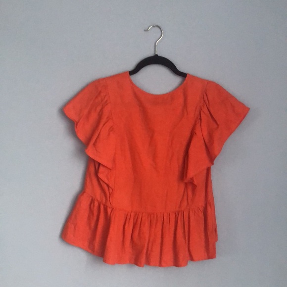⭕️ PRICE FIRM Madewell Size XS Orange Linen Blend Ruffle Top - Picture 4 of 5